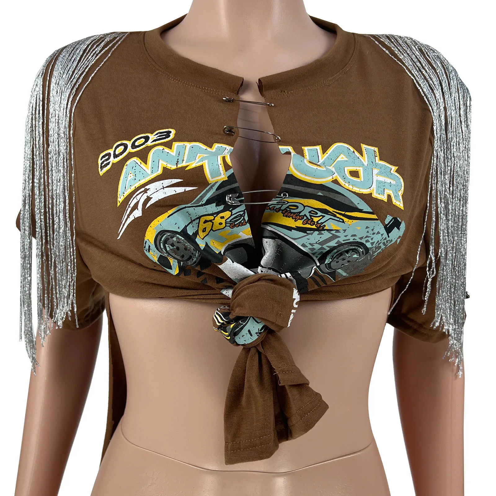 Ladies T Shirts 2022 Summer Vintage Printed Slit Fringe Short Sleeve Crop Top Ladies Graphic Tees