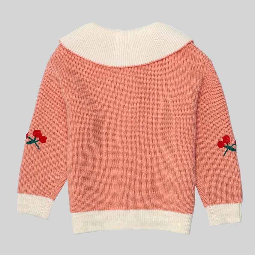 Оригинальный полукардиган вязаный свитер-поло с вышивкой вишни для маленьких девочек