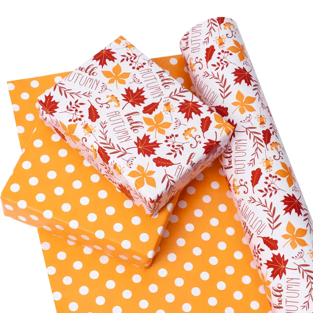 Maple Leaf and Orange Polka Dots Autumn Design Halloween Selection Design Printed Kraft Paper Roll For Flower And Gift Packing