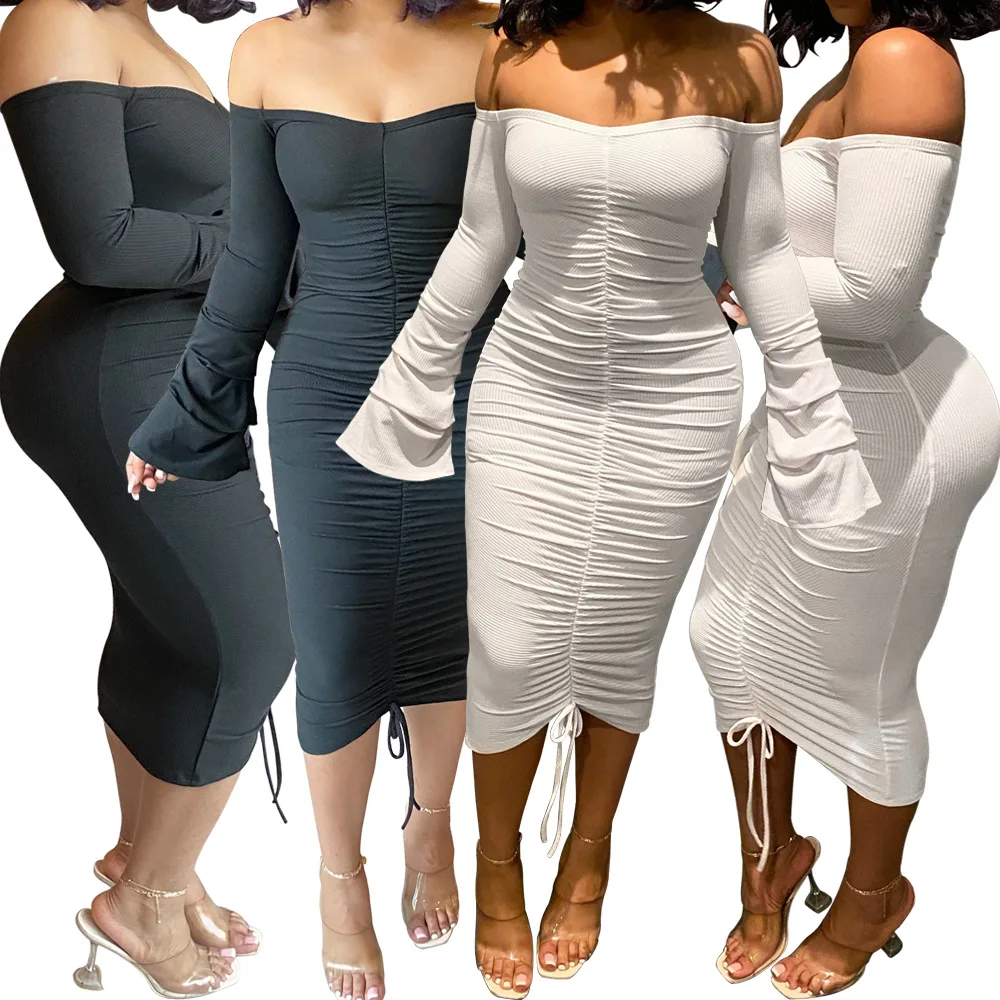 2022 spring women clothes Fashion off-shoulder midi dress long sleeve elegant ruched casual dresses women dress