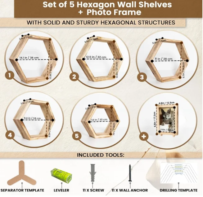 Hexagon Floating Shelves with Photo Frame Natural Premium Wood Set of 5 Hexagon Shelves for wall, Farmhouse Honeycomb Shelves