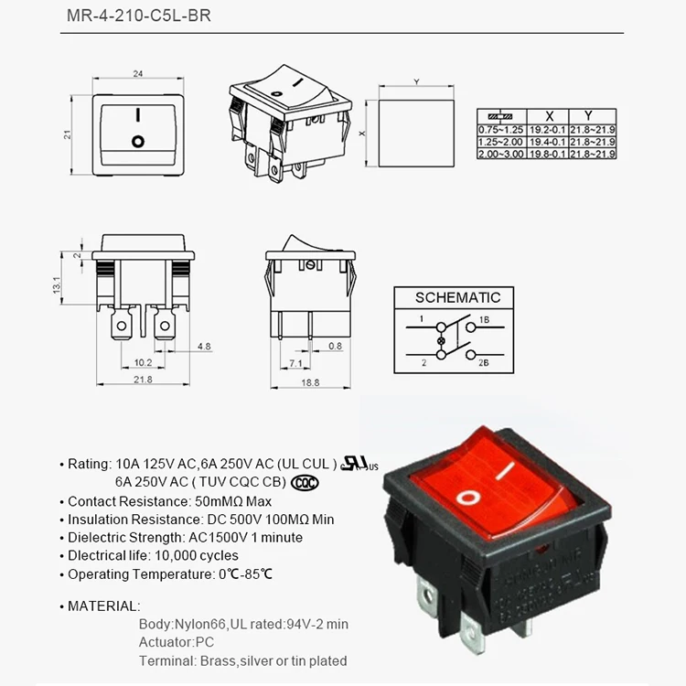 Hongju MR-4-210-C5L-BR ВКЛ/ВЫКЛ 4 Терминалы 2 Позиции Dpst квадратных кулисный переключатель с неоновым звездным свечением