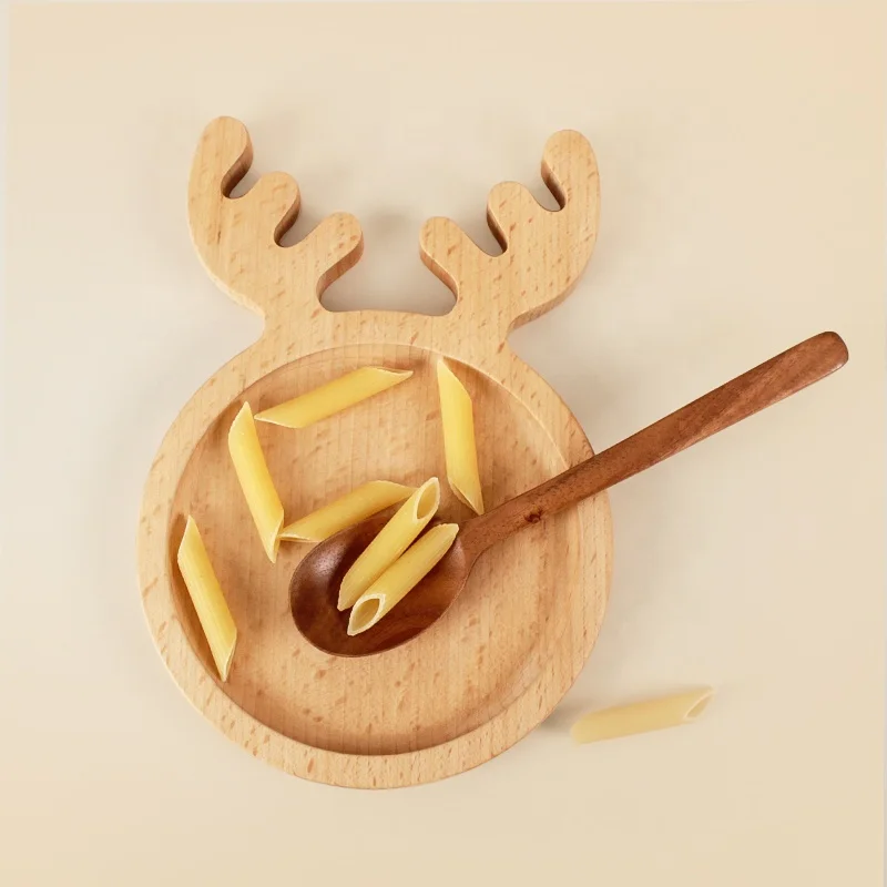 Natural Solid Wooden Snack Tray Christmas Trees and Reindeer Rudolph Plate Beech Wood Pallet For Kitchen