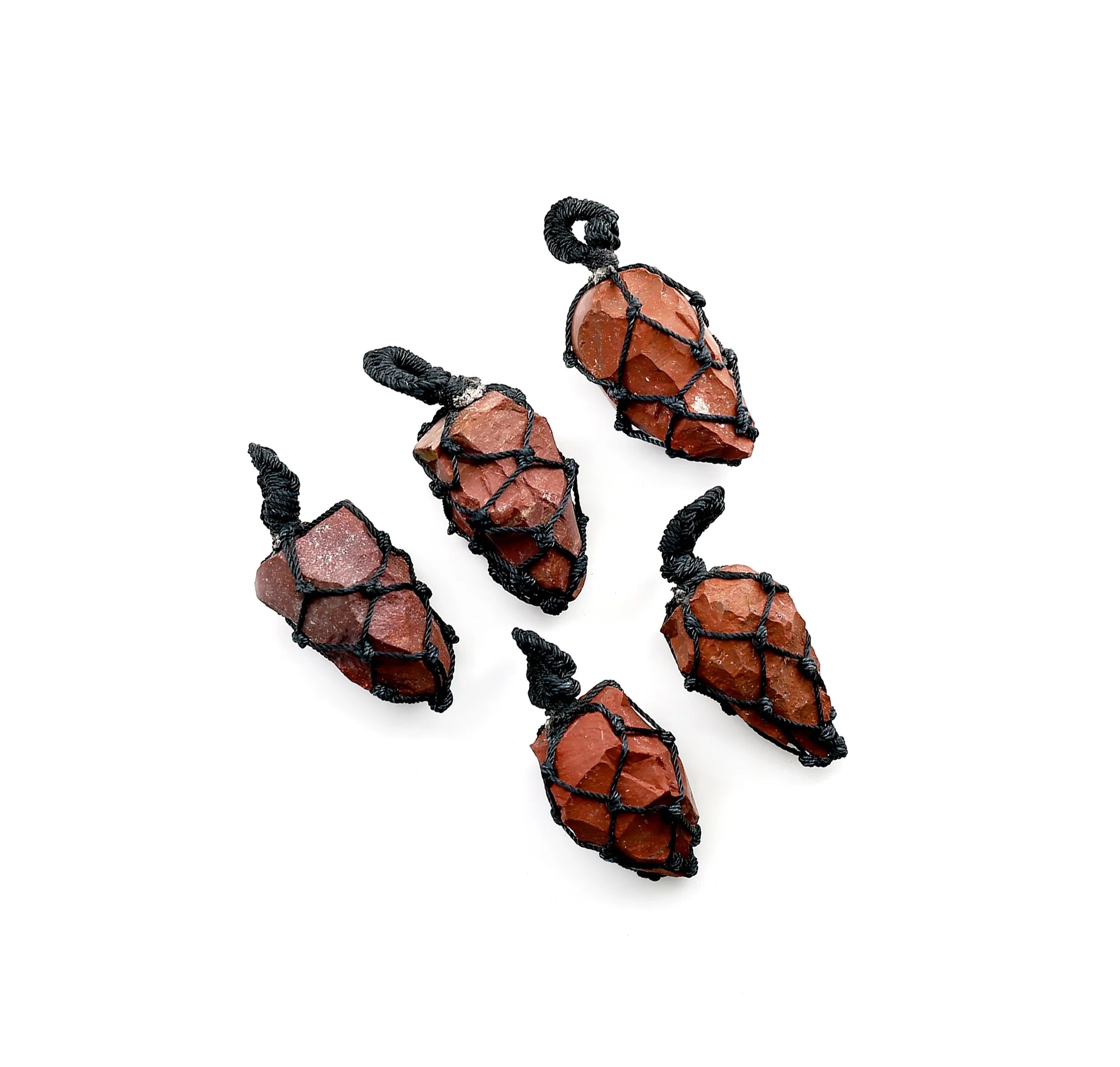 Raw Crystal Gemstone Red Coral Macrame Pendant Necklace