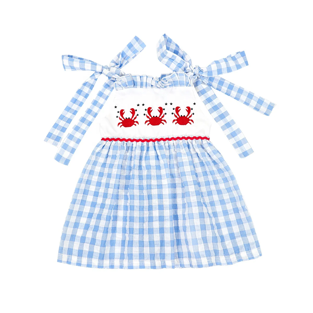 Wholesale children summer clothes crab applique girl two pieces outfit seersucker summer kids clothing girls