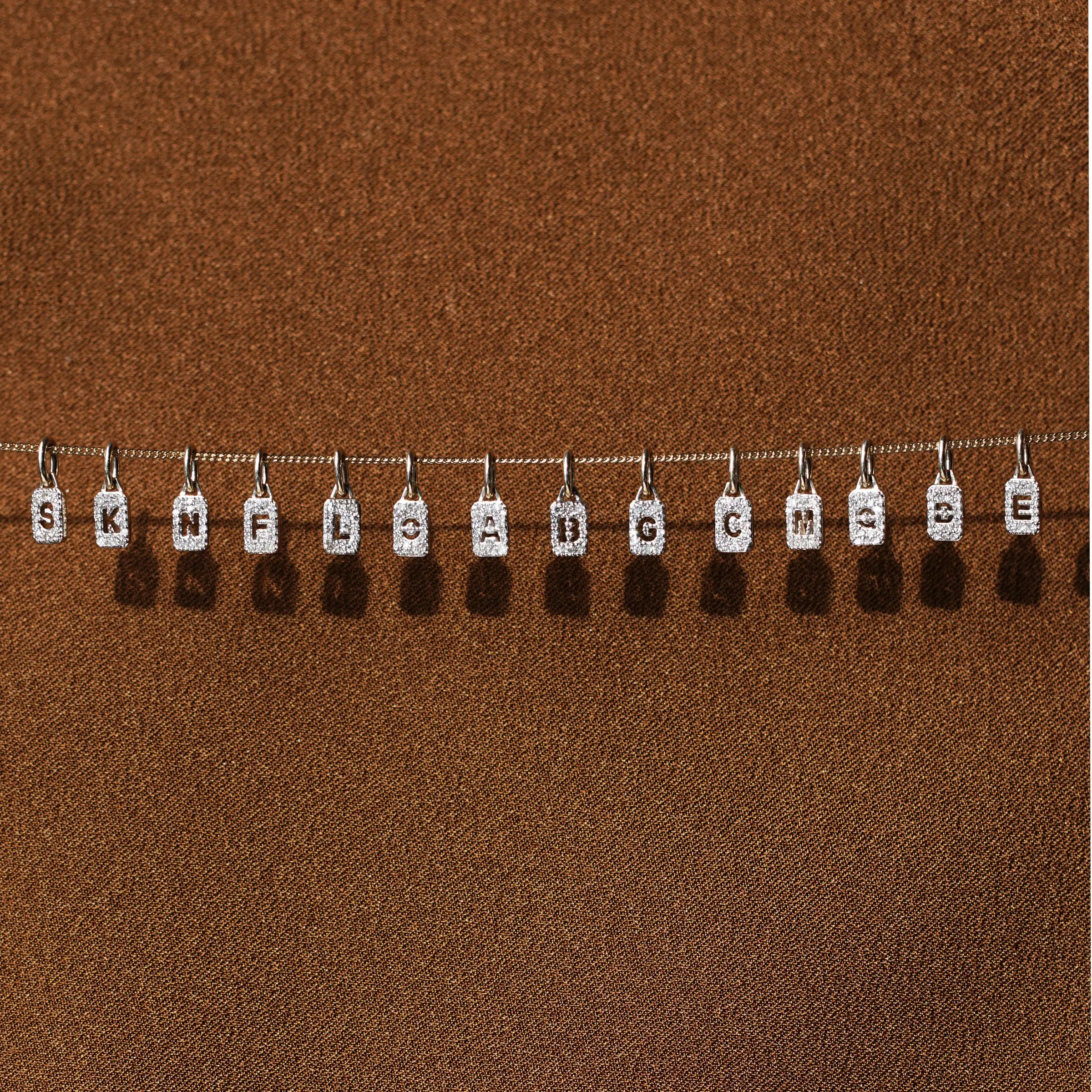 Rectangle 18K Gold Plated Tiny Micron Pave White CZ Tag 925 Sterling Silver Letter Pendant