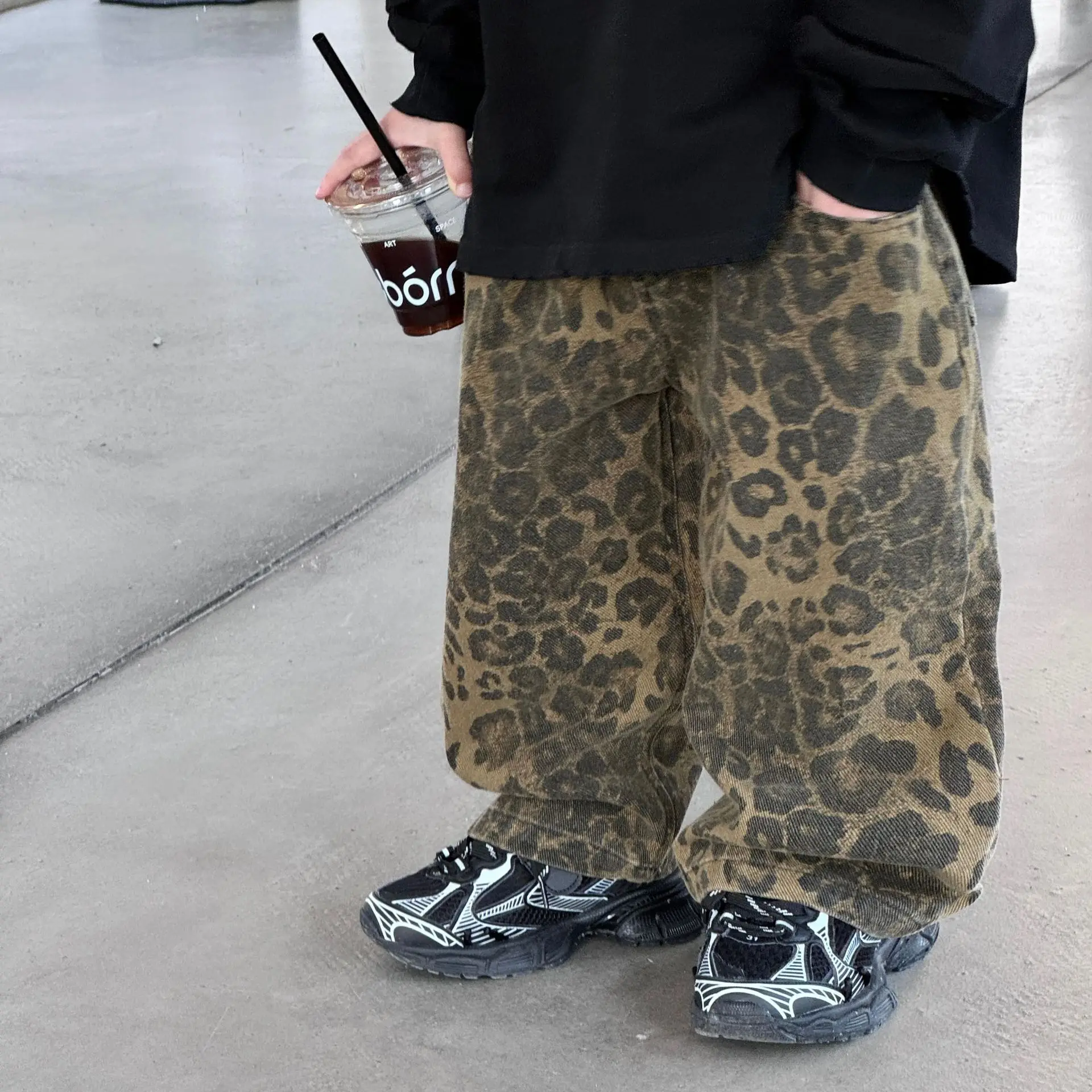 Korean Vintage Style Spring Autumn Children Trousers Cotton Leopard Pattern Casual Baby Boy Pants