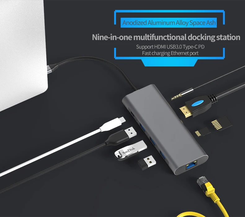  Многофункциональный 9 в 1 Usb C концентратор HDTV Ethernet Тип для ПК ноутбука