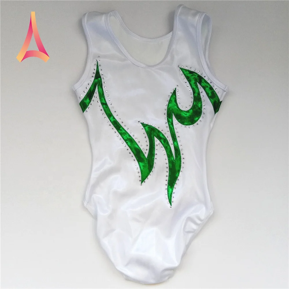 High Quality OEM Pearl White Mystique Shiny Rhinestone Girls Gym Wear Leotards Gymnastics Sleeveless