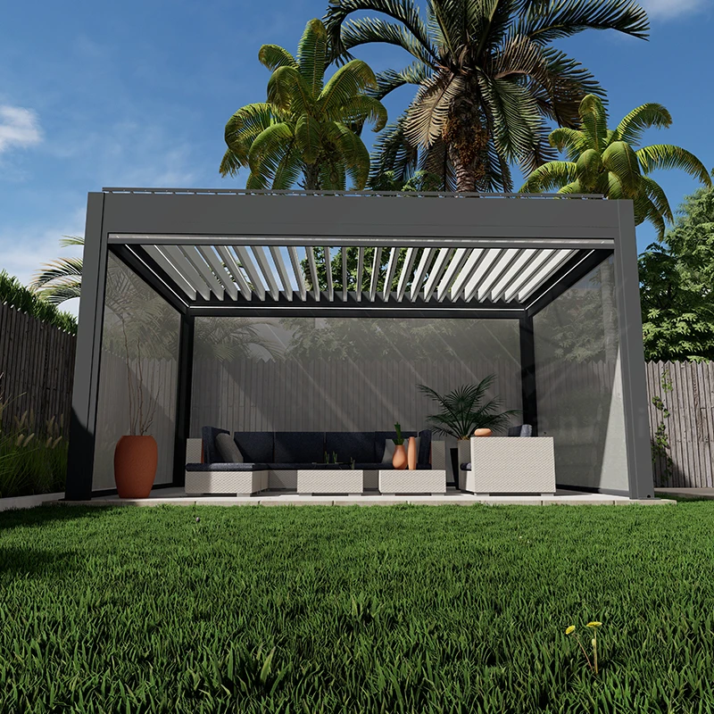 2023 New Design Heavy Duty Pergola Motorized Louvered Blades Roof Sun Shade System with Led Lights and Roller Blinds