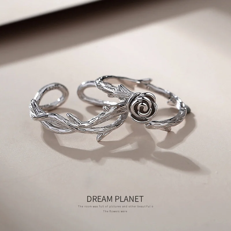 Romantic retro 925 Sterling silver rose shaped couple ring for woman and man