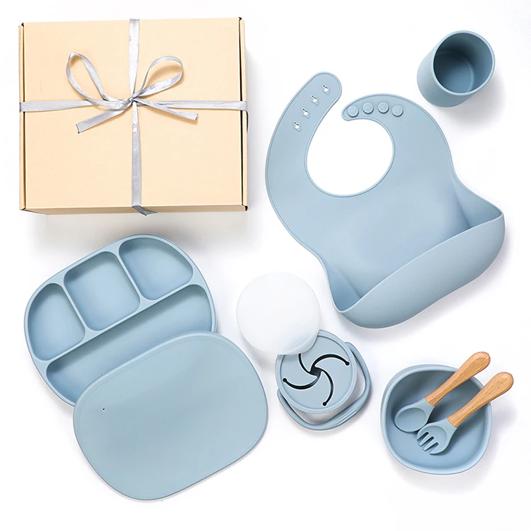 Wholesale Bpa Free Kids Feeder Baby Eco Divider Spoon Bowl Plate Silicone Dishes Cup Feeding Set With Box