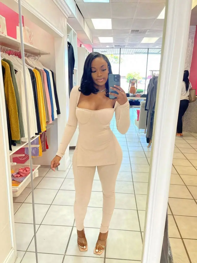 Новое поступление Европейский однотонный топ с квадратным вырезом и леггинсами сексуальный комплект из двух предметов для женщин