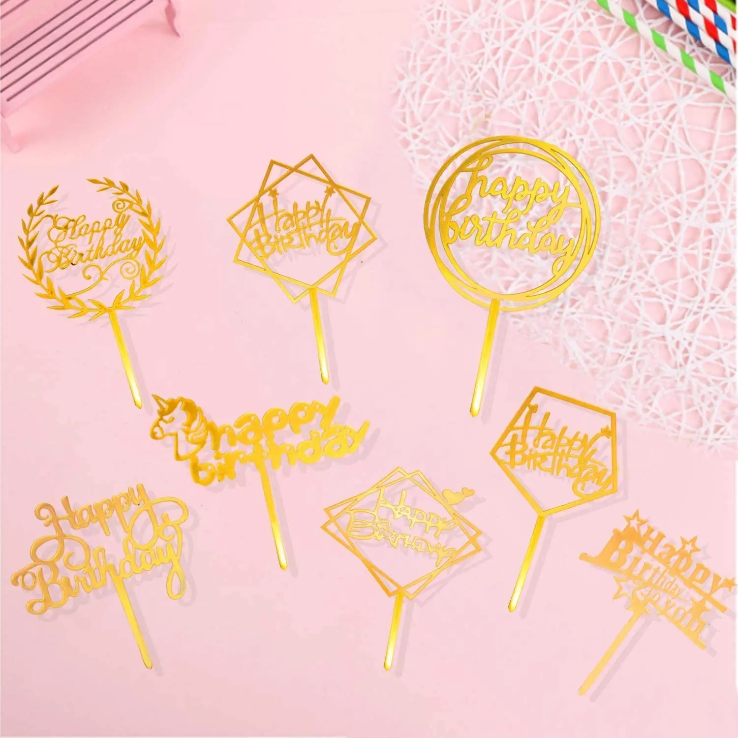 Acrylic Glitter Gold Cake Topper Toppers Happy Birthday Decoration Party Supplies Various Cupcake Decor