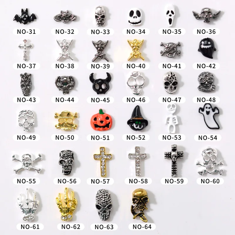 Halloween Rhinestone Skull Ghost Owl Pumpkin Bat 3D DIY Metal Alloy Nail Art Decorations Stickers nail Charms for Manicure