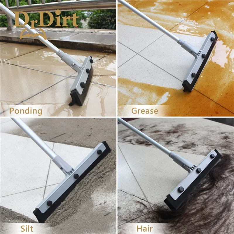 Top seller soft black double rubber water adjustable swivel floor squeegee wiper with extension pole for bathroom