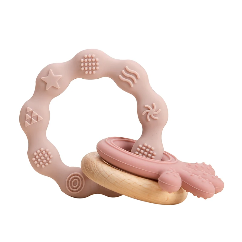 Wholesale Silicone Teether Baby Wooden Teether Ring Kid Gift BPA Free Silicone Children Goods Kid Teething Toy
