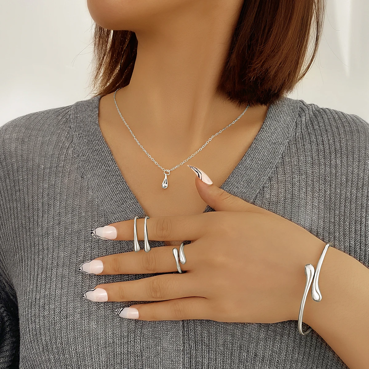 KISSWIFE Adjustable Elegant Water Drop Jewelry Set Alloy Necklace Bracelet Earrings Ring Set for Women