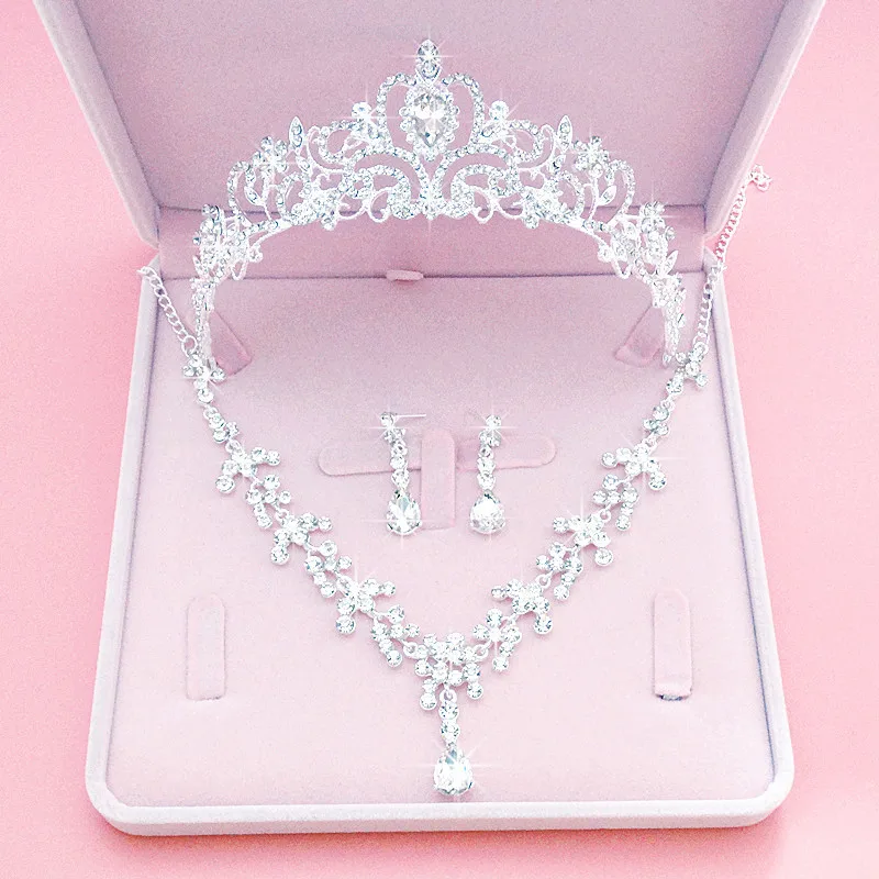 BY4334 Wholesale Bridal Rhinestones Crown necklace earrings set Wedding Crown jewelry set (1600305592558)