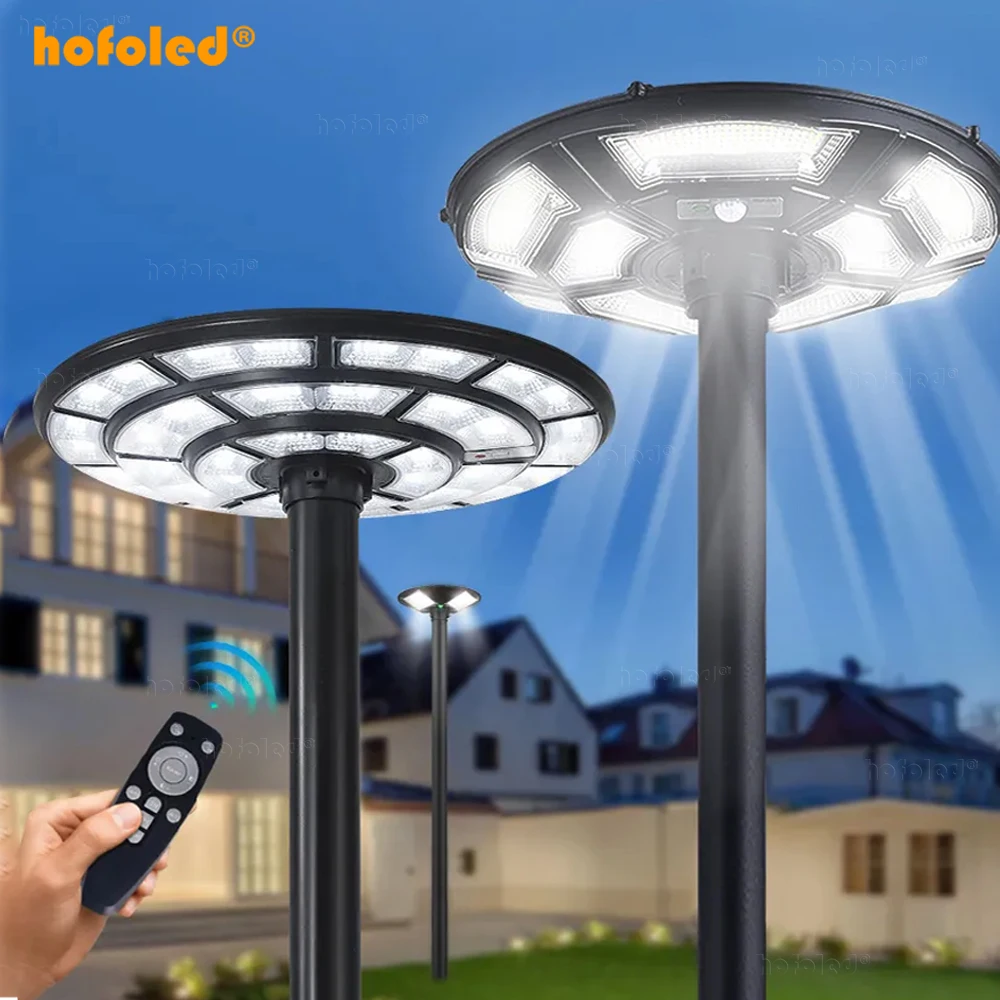 Hofoled Monocrystalline Silicon Solar Panel Flagpole Lamp Outdoor UFO Solar Street Garden Light with Remote Control