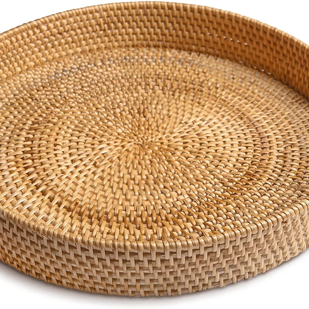 Hand Braided Round Rattan Dinner Plate with Handle Wicker Plate for Bread Coffee Table