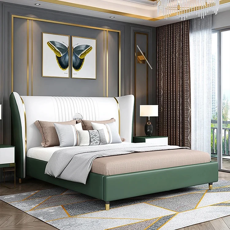 Latest modern simple luxury leather bed sets furniture bedroom solid wooden frame double california king size bed