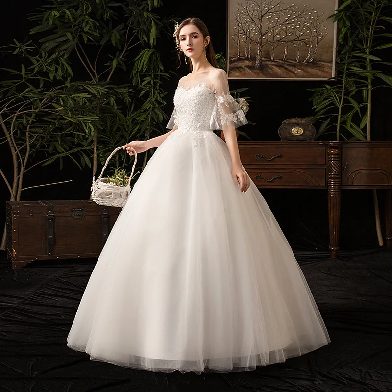 Elegant A-line bell sleeve Floor-length Bridal Gown white Organza Wedding Dress