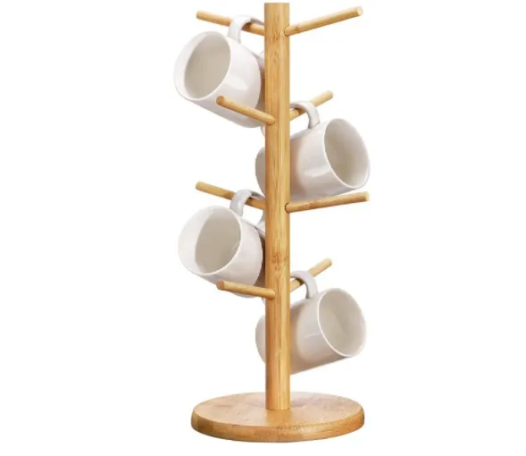Bamboo 8-Hook Coffee Mug Tree Stand Practical Storage Rack for Holding 8 Cups