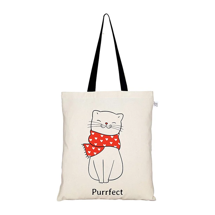Custom full colors recyclable white cat pattern canvas bag custom logo durable organic cotton bag