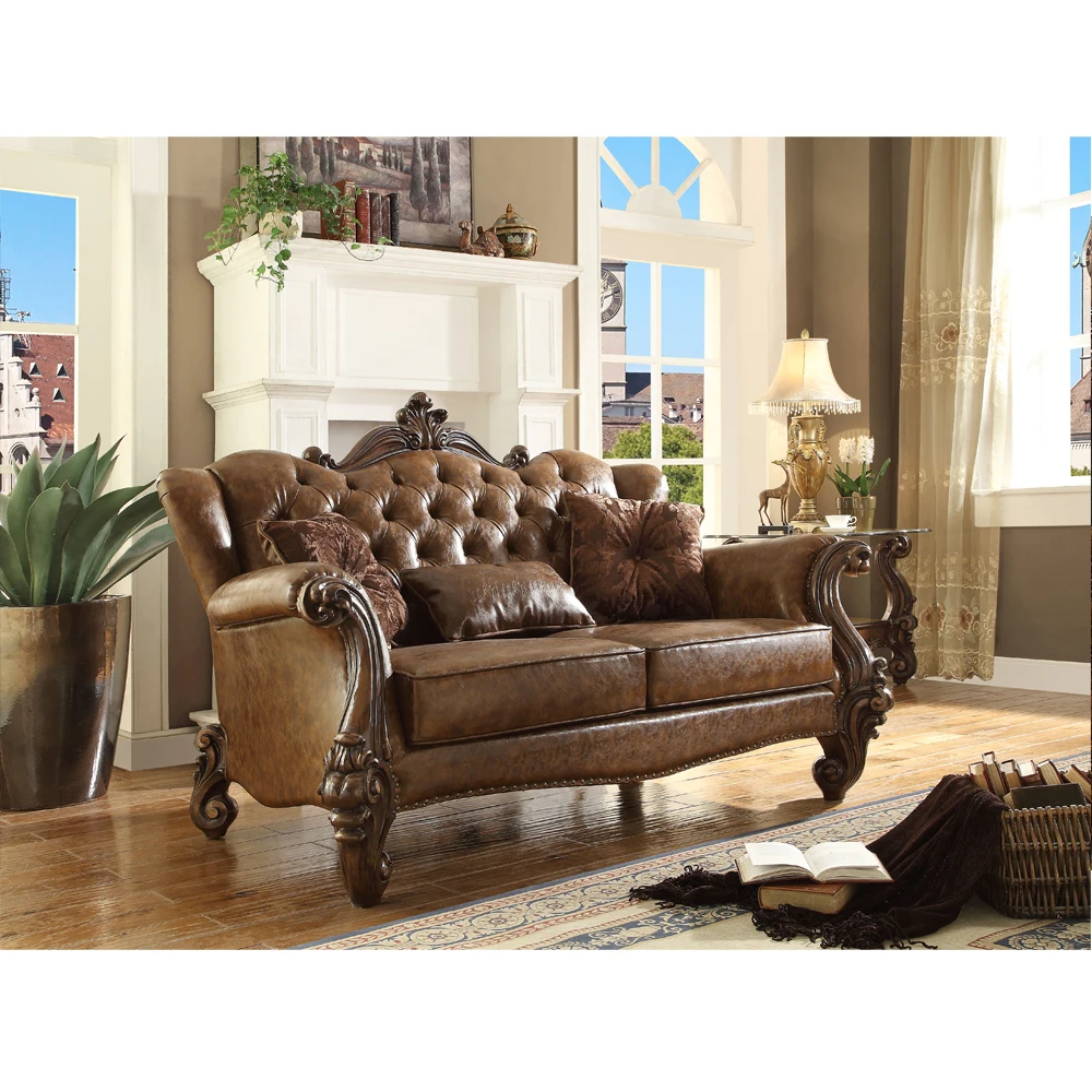Luxury royal gold carved wood frame real leather antique living room sofa