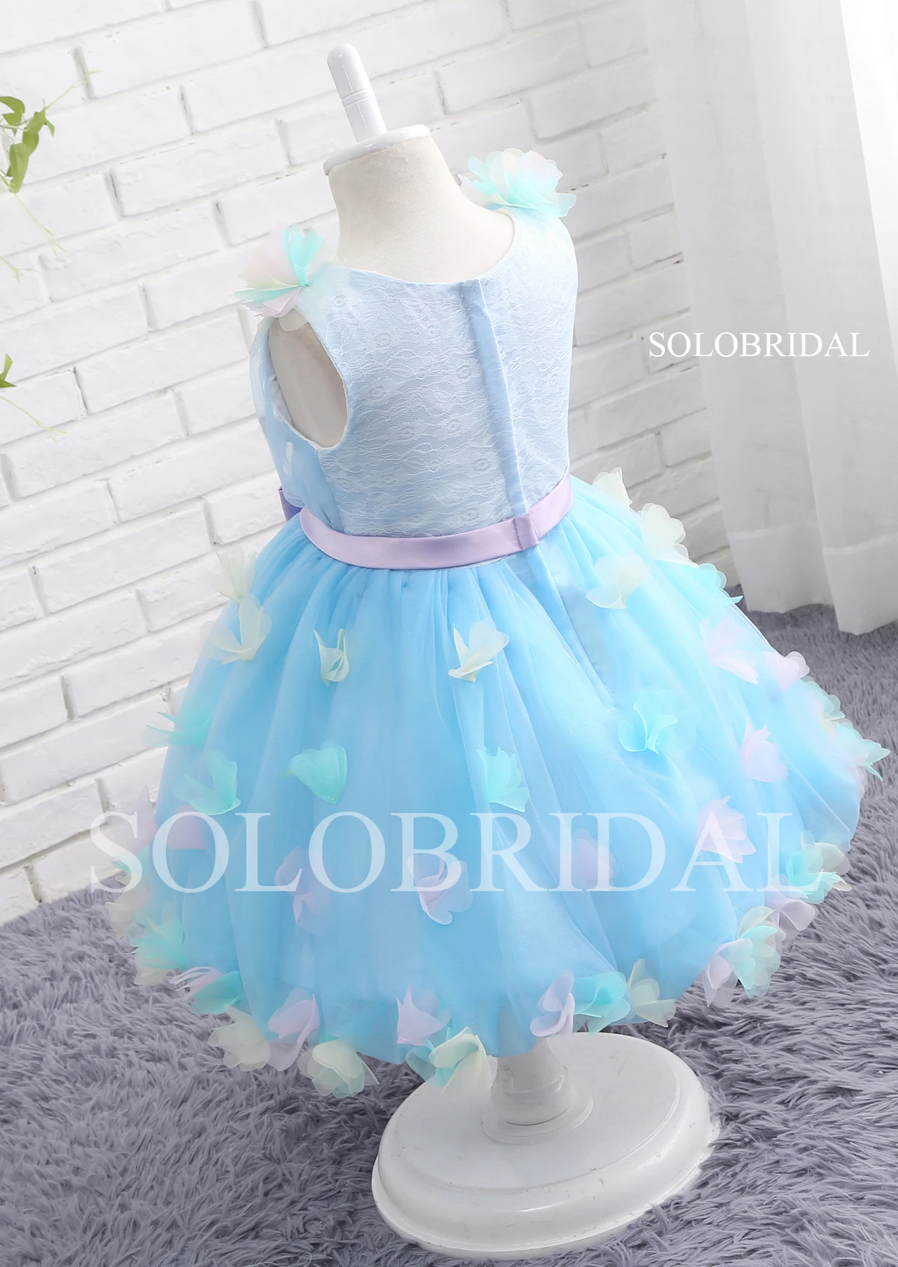 Cute Sky Blue V Neck Butterfly Ball Gown Princess Girl Dresses for Wedding Pink Flower Girl Dress