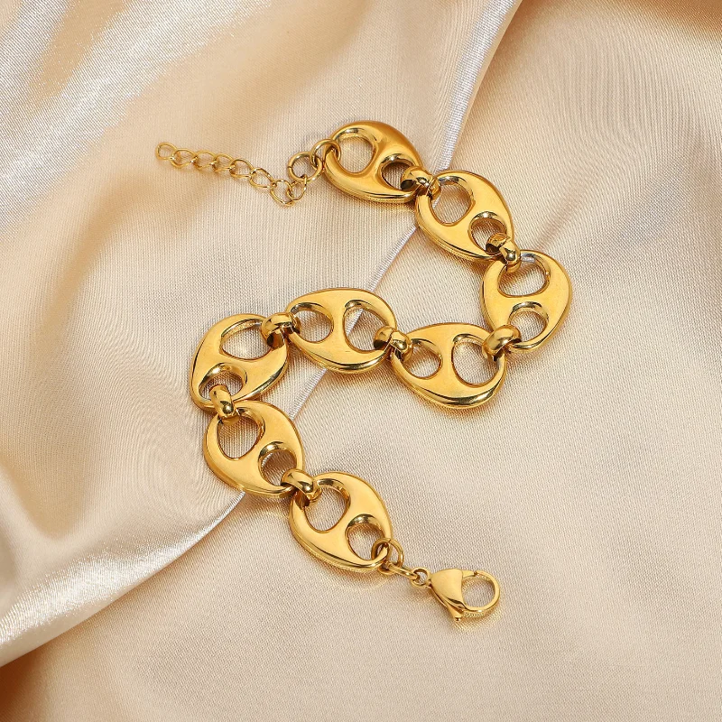 Wholesale Custom Hip Hop 18k Gold Silver S Plated Stainless Steel Girl Bracelet Pig Nose Button Coffee Bean Creative Bracelet