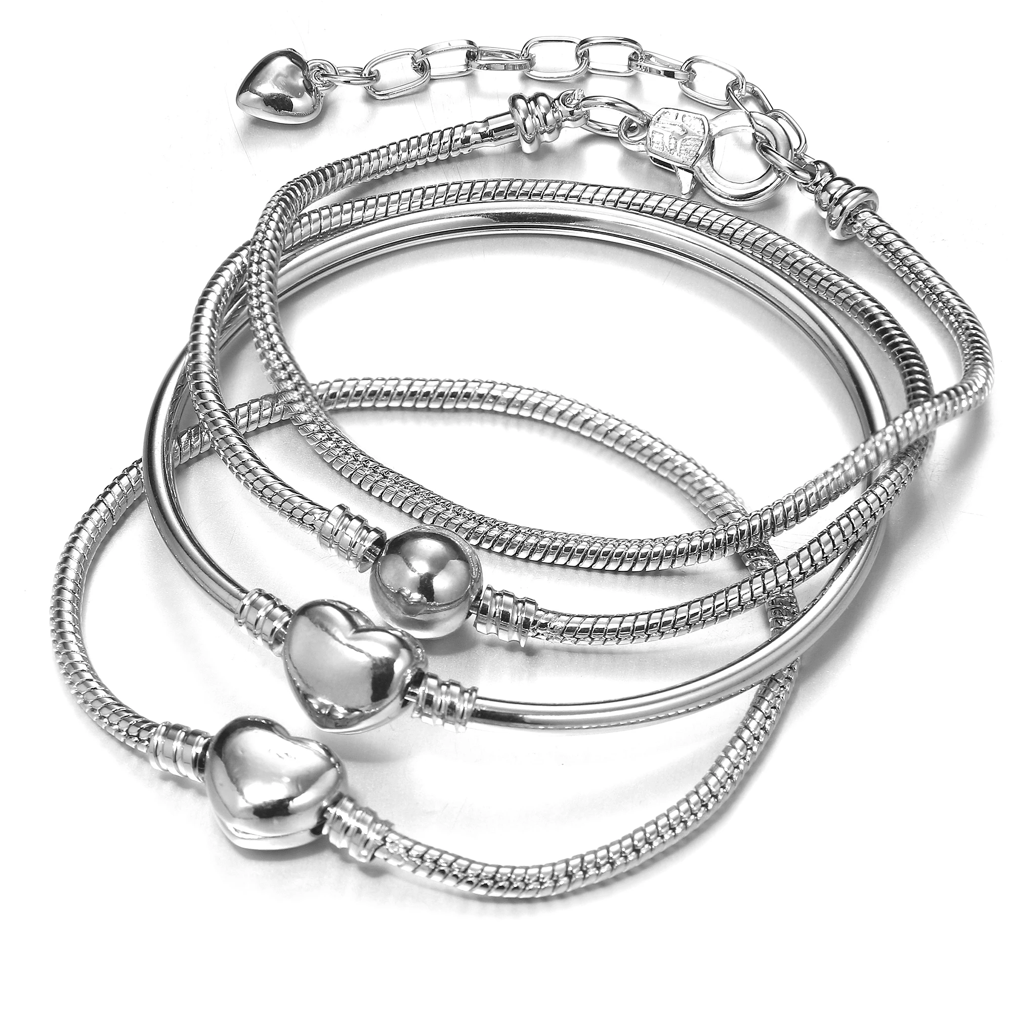 Silver Snake Chain Bracelets Chain Extender Lobster Round Heart Clasp Jewelry Making Adjustable Men Women Gift