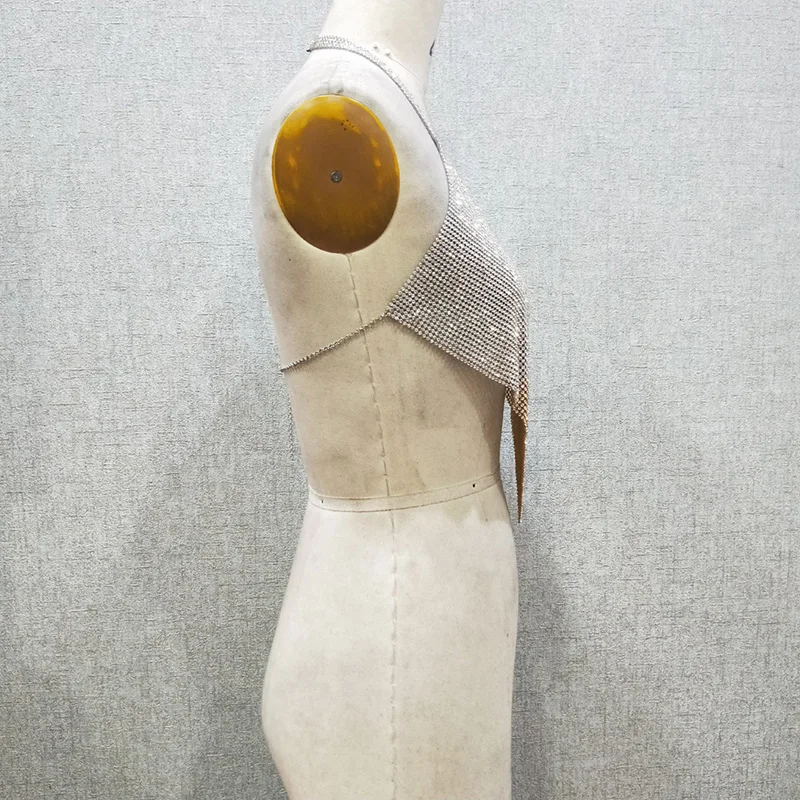 2024 Fashion Backless Triangle Gold Silver Splicing Pattern  Aluminum Rhinestone Mesh Crystal Crop Top