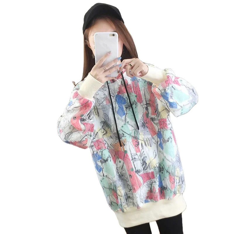 Новинка; Сезон весна-осень; Футболка с длинными рукавами для беременных женщин; Свободная толстовка с капюшоном в стиле граффити; Одежда для беременных