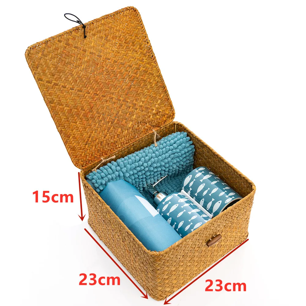 Экологичная корзина из ротанга с водорослями ручной работы, корзина для хранения с крышкой, подарочная корзина, корзина для хранения мелочей для ванны