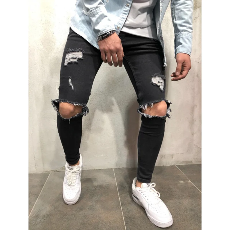 large size fashion men ripped jeans denim trousers destroyed hole pants stretch slim elastic soild color jeans