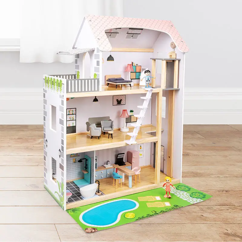 Pretend Role Play Diy Educational Toy Kids Wooden Doll House Villa With Doll Room