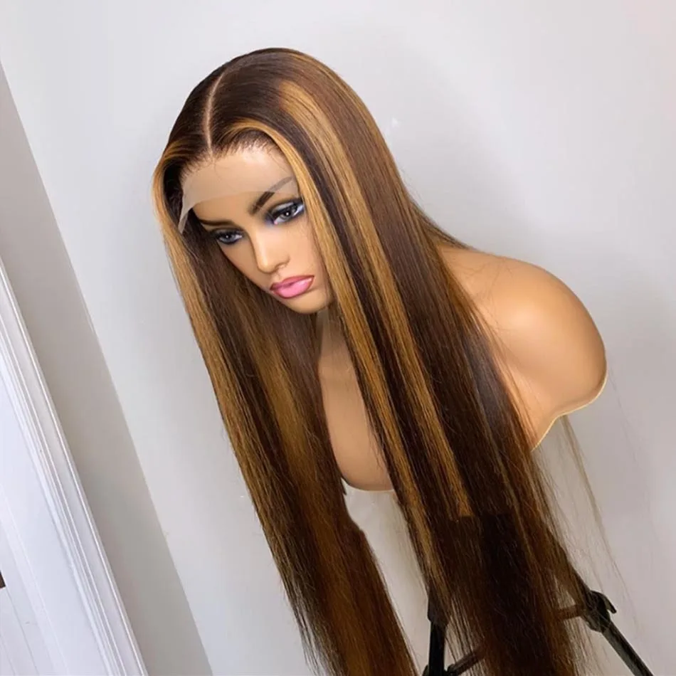 Hot Sale 13x4 4x4 Hd Lace Front 180% Density Honey Blonde 4/27 Brazilian Virgin Hair Highlighted Ombre Piano Human Wigs 26 Inch
