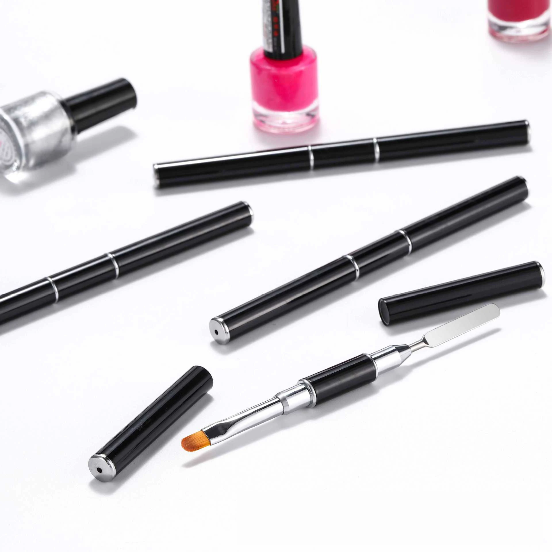 Multi-functional Nylon Fiber Poly Gel Brush 2 IN 1 Design Nail Tools Stainless Steel Gel Nail Art brush Set For Nail Art