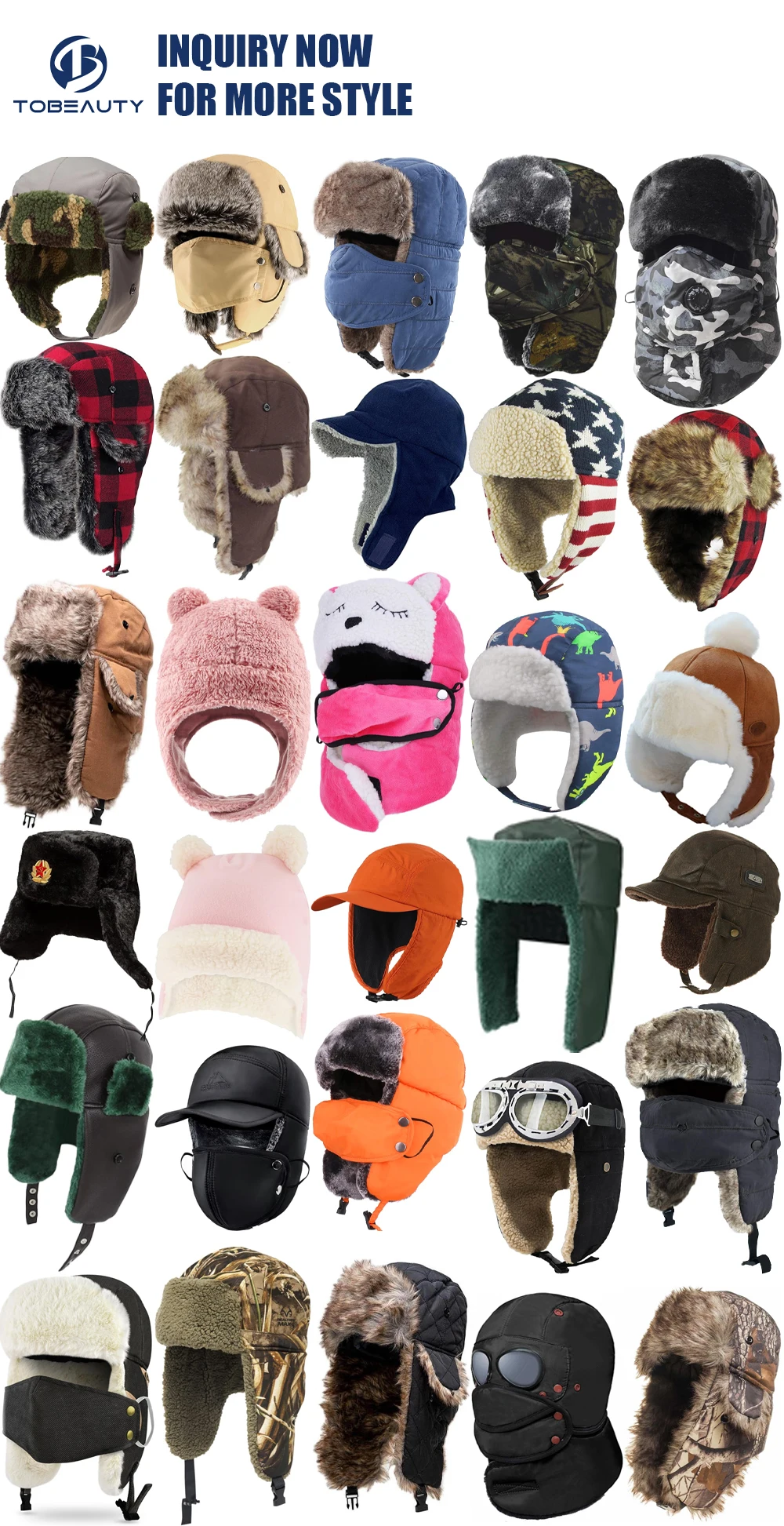 Custom Fur Earflap Snowboarding Aviator Russian Warm Winter Hat Trooper Ushanka Faux Sherpa Trapper Hat for Men Unisex Adults