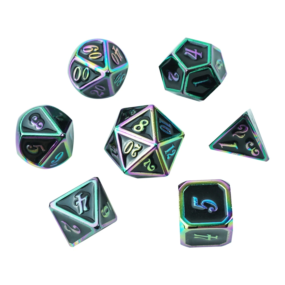 Customized Black white Metal Dungeons and Dragons Game Dice Set 7pcs Irregular Rainbow Laser Dice