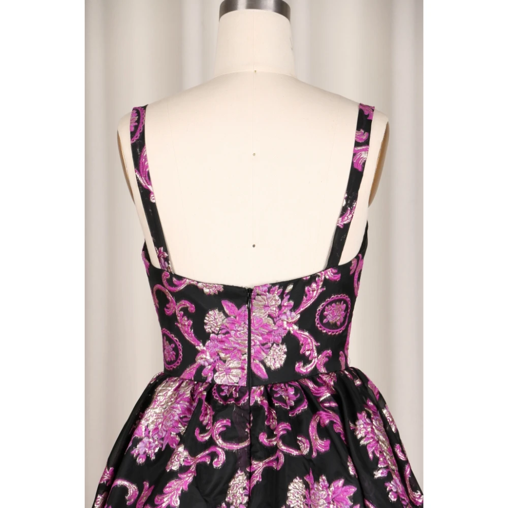 A line Straps Flower pattern satin brocade jacquard fabric wedding dress Sleeveless horsetail backless Printed Silk satin dress