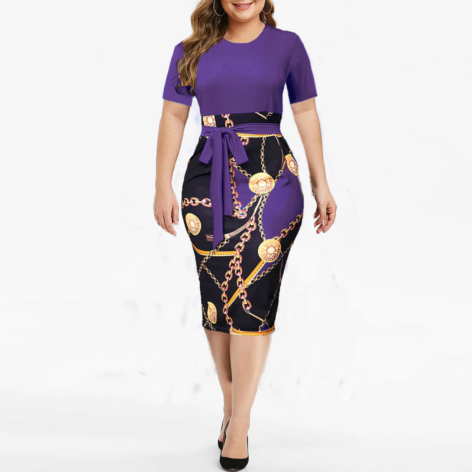 Summer round Necked Short Sleeved A-Line Dress Slim Fit Wrap Hip Commuting Midi dress in Sustainable Breathable Chiffon Fabric