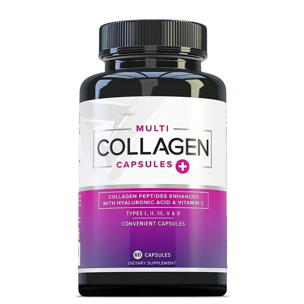 Customizable Hyaluronic Acid and Vitamin C Hydrolyzed Collagen Peptides Types I II III V X Multi Collagen Capsules