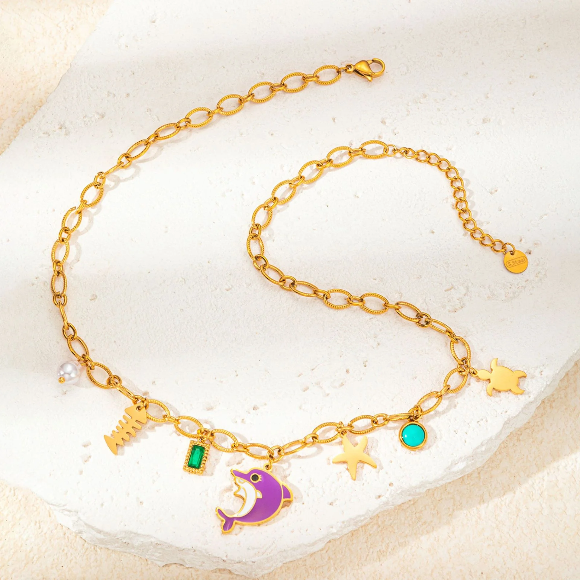 INS Summer Beach Jewelry Stainless Steel Ocean Star/Dolphin/Freshwater Pearl/Sea Turtle Pendant Clavicle Chain Necklace