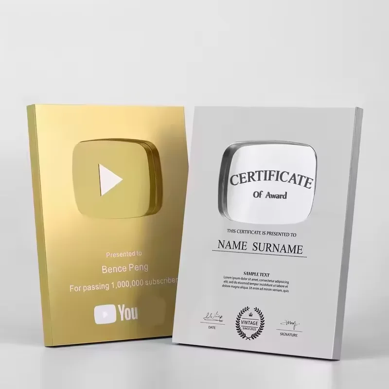 2024 пользовательских табличек с именами Золотое серебро аккаунт на youtube премиальный щит почетный трофей медаль placa de dorada play button награда