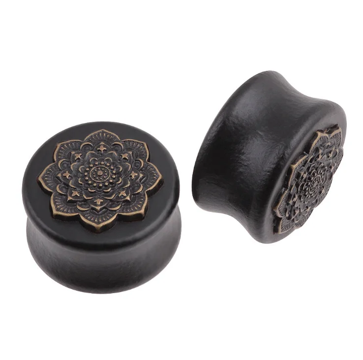 Black Natural Wood Mandala Flower Ear Plugs Tunnels Ear Expanders Earring Gauges Piercing Plug