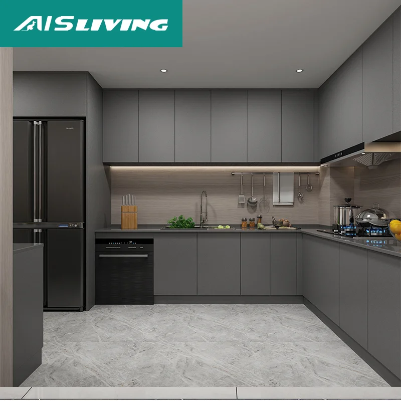 AIS Modern Minimalistic Style Designs Small Complete Custom Home Furniture L Shaped Melamine Unit Cabinets Kitchen With Sink