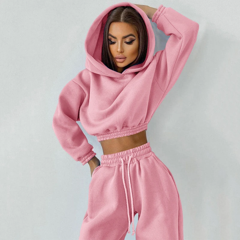 Wholesale Gym Wear Women Tracksuit Winter Sport Suits 2 Piece Set Casual Outfit Pullover Crop Top Hoodie+Sweatpants Jogger Set